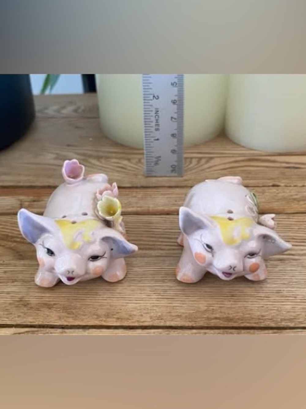 Vintage Japan Pink Ceramic Pig Salt and Pepper Shakers with Applied 3D Flowers